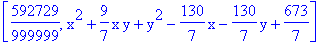 [592729/999999, x^2+9/7*x*y+y^2-130/7*x-130/7*y+673/7]